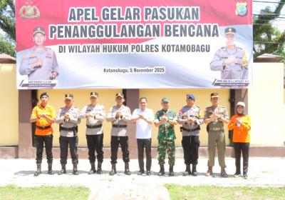 Bersama Walikota Weny Gaib, Kapolres Kotamobagu Irwanto SIK Pimpin Apel Kesiapsiagaan Hadapi Bencana Alam